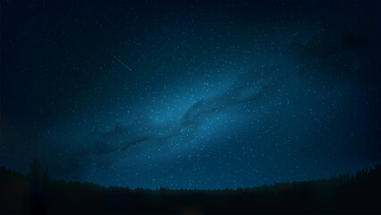 Fototapeta na wymiar Night shining starry sky, milky way. Dark blue space background with stars, nebula, meteor. Starlight night in nature, cosmos. Meadow, field. Vector illustration