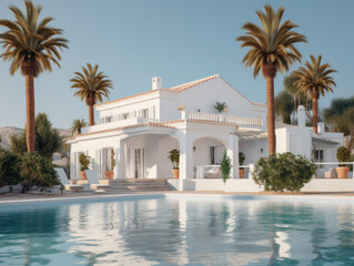 Exterior of luxury Holiday Villa with blue sky and beautiful swimming pool. AI generative