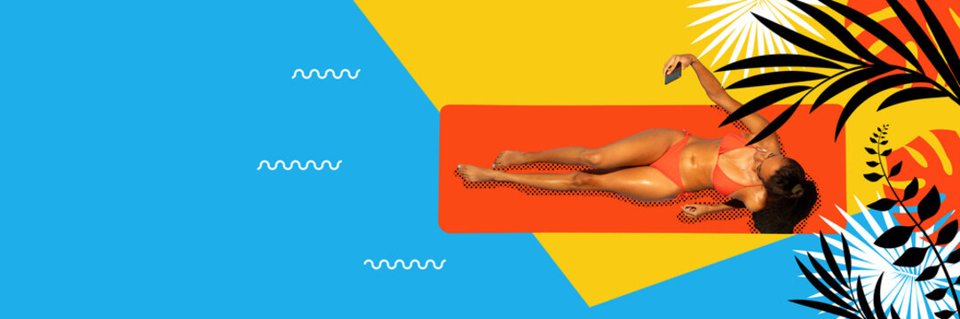 Summer sunbathes. One stunning woman, girl wearing swimsuit lying on sunbed and taking selfie over ocean beach background. Concept of traveling, vacation, social networks, party, fashion, beauty, ad