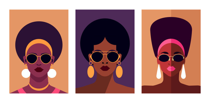 Fashion African black woman pop art poster minimalist paint pastel color set vector flat