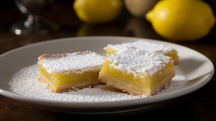 Lemon bars: A dessert made with a shortbread crust and a lemon filling, topped with powdered sugar. Generative AI Art Illustration