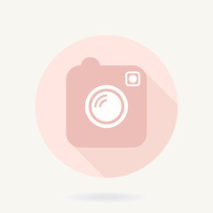 Camera pink flat icon in the circle with long shadow
