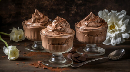 Chocolate mousse: A rich and airy dessert made with chocolate, eggs, sugar, and whipped cream. Generative AI Art Illustration