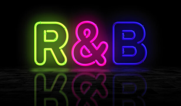R&B Rhythm and blues music neon light 3d illustration