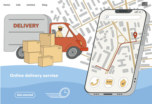 Mobile fast delivery service online app. Flat courier on van with boxes and road on mobile phone screen with city map and gps mark. Shipping tracking logistic. Landing page vector template.