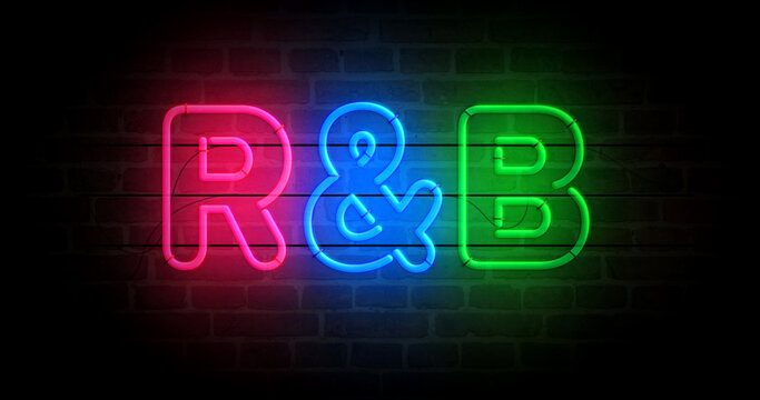 R&B Rhythm and blues music neon light 3d illustration