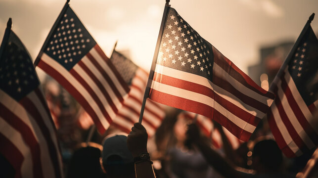 Independence Day in the United States. People celebrating with banners and flags. Generated by AI