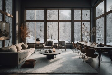 Fototapeta na wymiar Gorgeous high-end living area w/ furniture and snowy woods view. Generative AI