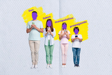 Collage creative picture of four people family members parenthood hold smartphones addicted mass...