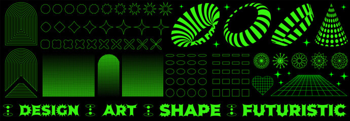 Retro futuristic set in neon green. Surreal geometric shapes, abstract backgrounds and patterns, wireframe, elements, perspective grid. Vector graphics in the style of the 70s-2000s. © Марина Кузуб