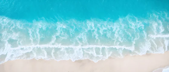 Deurstickers Ocean waves on the beach as a background. Beautiful natural summer vacation holidays background. Aerial top down view of beach and sea with blue water waves. Generative Ai © 360VP