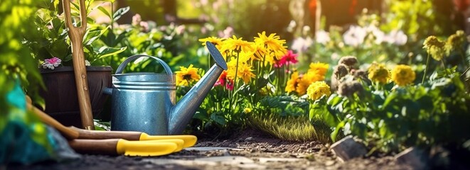 Close-Up Gardening Tools, Flowers, Garden Path, Sunlight, Vibrant Hues, Website Banner, Generative AI