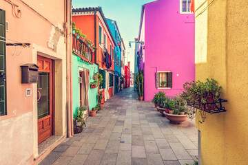 Colorful painted houses on Burano island near Venice, Italy