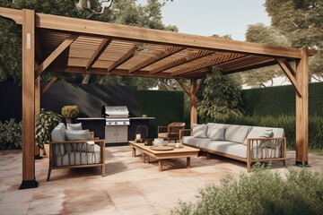 Fototapeta na wymiar Stylish outdoor lounge with pergola, awning, garden chairs, grill, and landscaping. Generative AI