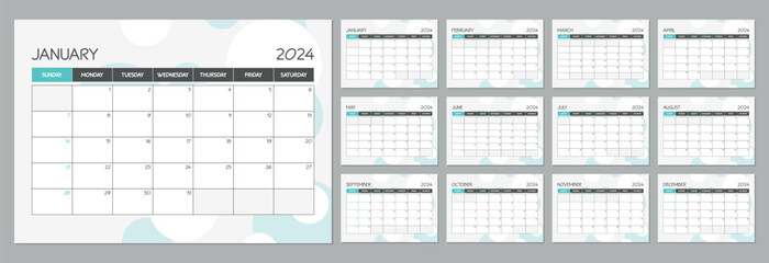 Monthly calendar planner template for 2024 year. Wall calendar schedule in a turquoise minimalist style. Week Starts on Sunday - obrazy, fototapety, plakaty
