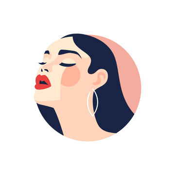 Fashion brunette woman with red lips makeup abstract circle spot frame avatar vector flat
