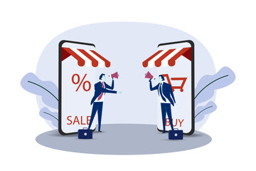 Two businessman offer via Online store sales promotion concept discounted sales prices, decreases, shopping.