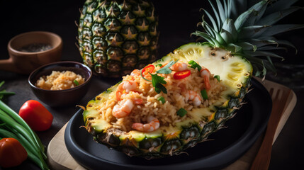 Pineapple fried rice: A Thai dish made with stir-fried rice, pineapple, vegetables, and often shrimp or chicken. Generative AI Art Illustration