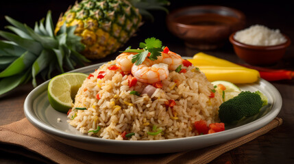 Pineapple fried rice: A Thai dish made with stir-fried rice, pineapple, vegetables, and often shrimp or chicken. Generative AI Art Illustration