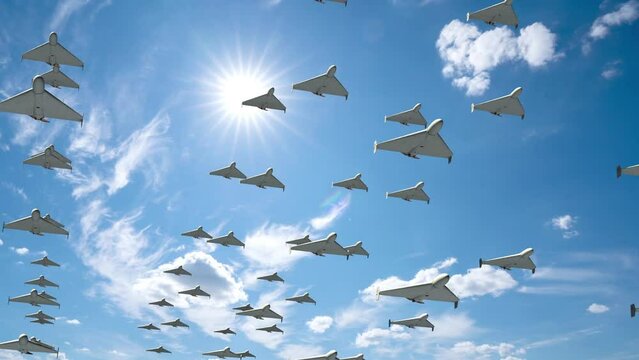 Armada of military drones flying against the backdrop of a beautiful cloudy sky.