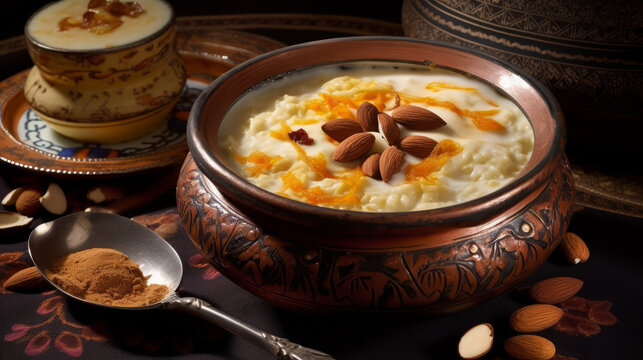 Kheer: A creamy Indian rice pudding flavored with cardamom, saffron, and nuts. Generative AI Art Illustration