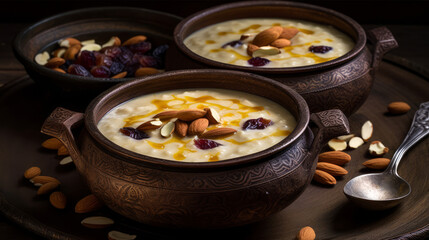 Kheer: A creamy Indian rice pudding flavored with cardamom, saffron, and nuts. Generative AI Art Illustration