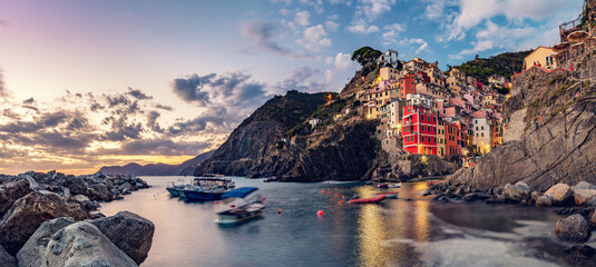 Riomaggiore in Cinque Terre, Italy panorama at sunset