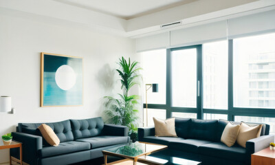 Fototapeta premium Modern living room interior with blue sofa, coffee table and plant. Generative AI 