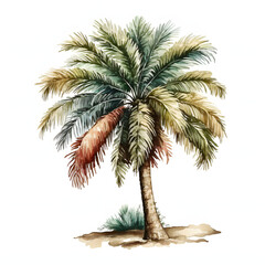 A palm tree with a coconut on top. The tree is tall and has a lot of leaves, Isolated on white