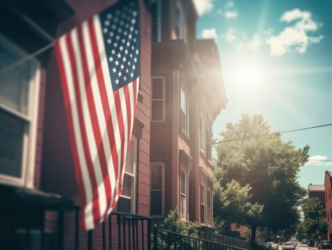 independence day concept. american flag against the backdrop of a residential area. AI generative
