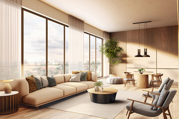 Naklejka na ściany i meble Living room with sofa and large glass windows. ai generated