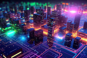 Smart city on circuit board background, a futuristic cyberspace concept brought to life. Ai generated