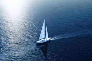 White boat on deep blue water as seen from above. Ai generated - obrazy, fototapety, plakaty
