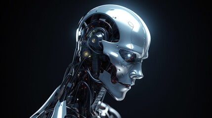 Artificial intelligence, composition of a chrome cyborg robot on a dark background, isolate. AI generated.