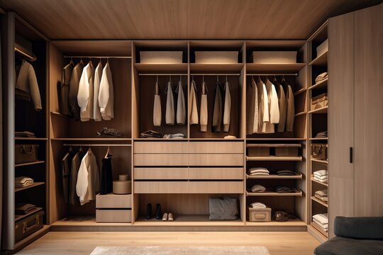 Stylish and Luxurious Walk-in Closet Wardrobe with Brown Built-in Features, Drawers, and Hidden Lights, Perfect for Neat and Organized Storage of Shirts, Ai Generated.
