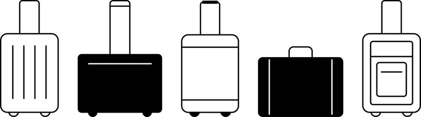 Baggage icons set. Flat and outline symbols. Vacation, travel concept. 