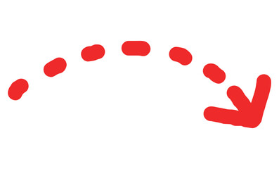 手描きの太い矢印_カーブ下降点線_赤