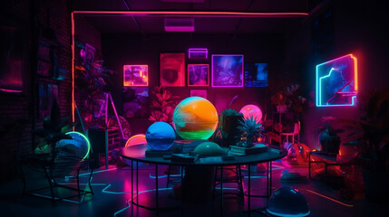 Creative, original, futuristic places, with neon lights and lots of color contrasts. Shapes, figures and futuristic, alternative and suburban decoration. Spaces for artists. Image generated by AI.