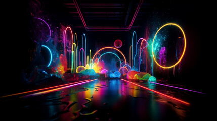 Creative, original, futuristic places, with neon lights and lots of color contrasts. Shapes, figures and futuristic, alternative and suburban decoration. Spaces for artists. Image generated by AI.