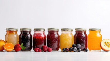 Colored jars of different jams with fresh berries and fruits stand in a row, white background. AI generated.
