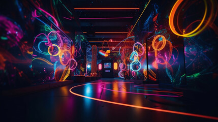 Creative, original, futuristic places, with neon lights and lots of color contrasts. Shapes, figures and futuristic, alternative and suburban decoration. Spaces for artists. Image generated by AI.