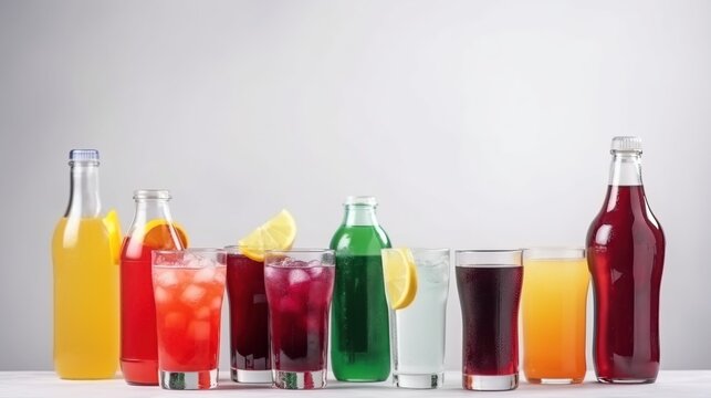 Group of glasses of fresh colored juice with fresh berries, fruits stand in row, white background. AI generated.