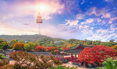 Namsangol Hanok Village in Autumn Seoul South Korea - obrazy, fototapety, plakaty