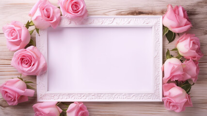 Stunning blossom pink rose, daisy flowers and knapweeds flowers Border with square frame surrounding on a White Pink Pastel colours Wooden Tabletop, Flower Border Art. Generative ai
