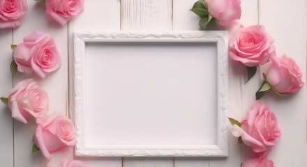 Stunning blossom pink rose, daisy flowers and knapweeds flowers Border with square frame surrounding on a White Pink Pastel colours Wooden Tabletop, Flower Border Art. Generative ai
