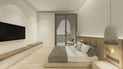 Fototapeta na wymiar 3d render bedroom interior of stylish room with big bed wabi-sabi style