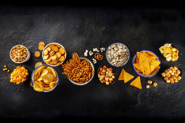 Salty snacks, party mix. An assortment of crispy appetizers, shot from above on a black background...