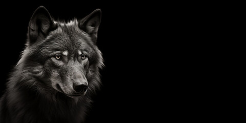 Black and white photorealistic studio portrait of a Wolf on black background. Generative AI illustration