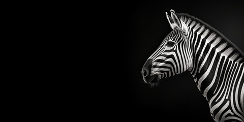 Fototapeta na wymiar Black and white photorealistic studio portrait of a Zebra on black background. Generative AI illustration