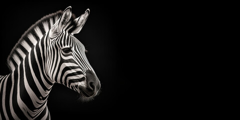 Black and white photorealistic studio portrait of a Zebra on black background. Generative AI illustration